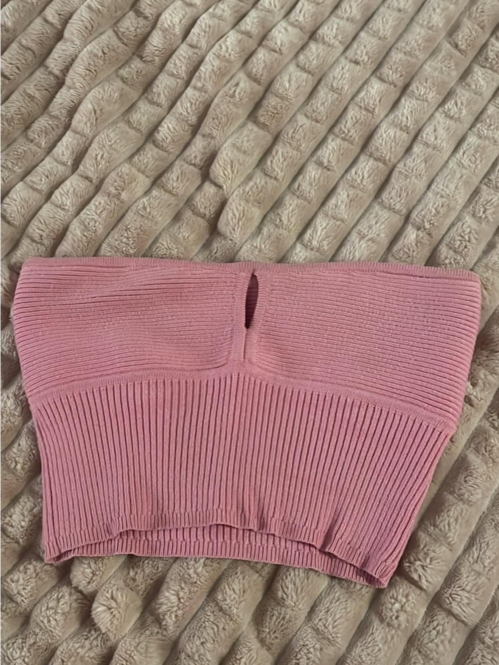 Ribbed Pink Strapless Knit Crop Top with Front Keyhole